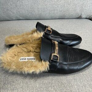 Steve Madden Kordyn Faux Fur Lined Horsebit Mule BLACK GUC Size 9